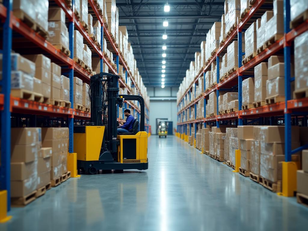Industrial warehouse with forklift loading cargo
