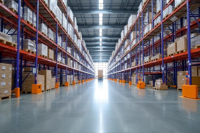 Modern logistics warehouse interior with high shelves